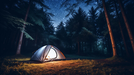 photo vertical shot of a camping tent near trees - obrazy, fototapety, plakaty