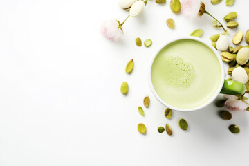 Green matcha latte with pistachios and matcha powder in the glass on white background, copy space - obrazy, fototapety, plakaty