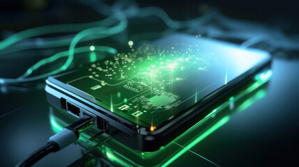 Technology battery high power electric energy with a connected charging cable. Battery to electric cars and mobile devices with clean electric, Green renewable energy battery storage future.