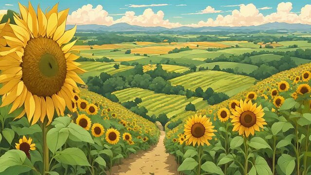 From hill Mindset Meadow, have sweeping view whole area. center, vast field blooming sunflowers stands tall proud, symbolizing potential growth learning. Surrounding 2d animation