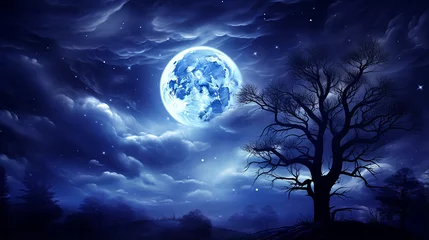 Papier Peint photo Pleine Lune arbre Photo full moon in night sky beautiful galaxies background
