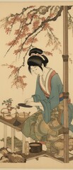 Fototapeta na wymiar Geisha engaging in tea ceremony, classic Japanese art, detailed illustration, cultural and serene scene.