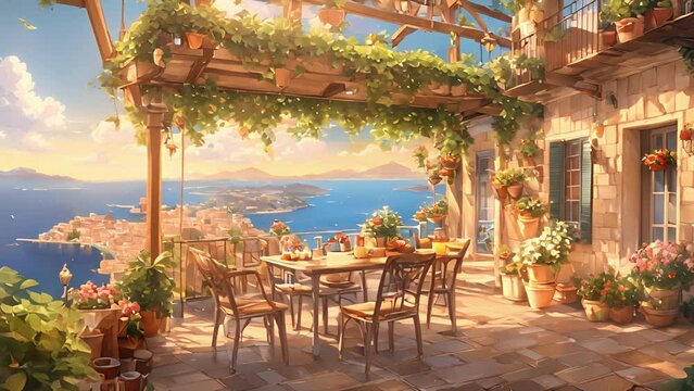 idyllic terrace nestled quaint Mediterranean town, where watch world with warm hand. stream overlay animation