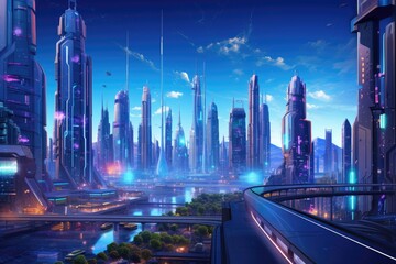 Nighttime futuristic city with bright lights and starry sky