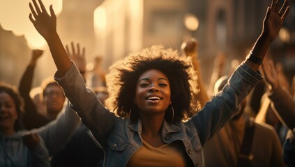 Joyful woman with arms raised in a crowd at sunset