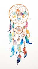 Vibrant dreamcatcher with colorful feathers, watercolor spirituality symbol, bohemian decor art, peaceful sleep charm.