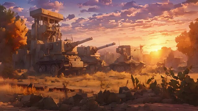 sets, abandoned military base takes eerie aura, rusted tanks decaying buildings stark contrast overgrown vines rubble tered across once manicured grounds. 2d animation