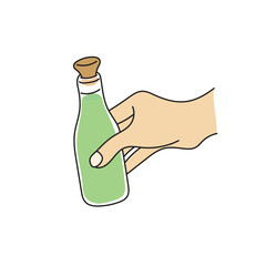 closeup hand holding green alcohol bottle illustration vector hand drawn isolated on white background
