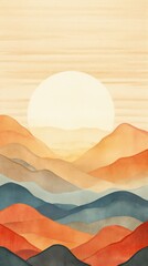 Geometric abstract mountains, warm sunset hues, minimalist layered hills, modern nature watercolor.
