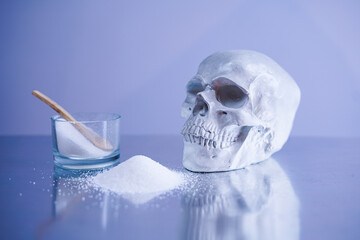 Sugar bowl and a human's skull. Sugar is the most dangerous drug in the world. 