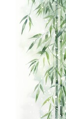 Delicate bamboo stalks with green leaves, soft winter backdrop, Asian watercolor, peaceful natural scene.