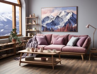 Cozy Modern Living Room with Natural Light and Pink Sofa