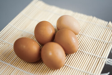 Close up of chicken eggs. 