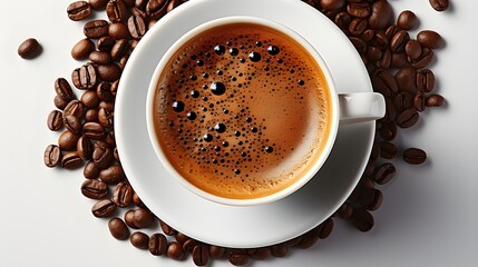 Morning Aroma: Steaming Hot Coffee in a White Cup with Coffee Beans