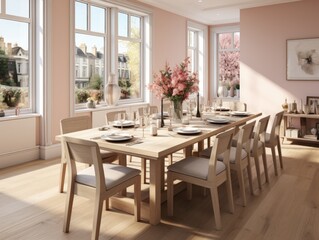 Bright and Spacious Dining Room with Natural Light and Pink Accents