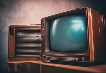 Old tv set vintage television on a wooden table