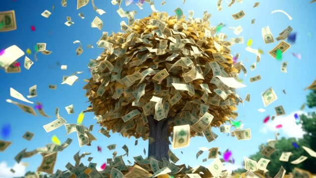 tree of money, money falls from sky, video looping rich success symbol generative ai