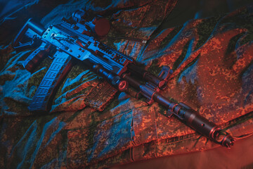 Modern rusdian military assault rifle ak12 with prismatic scope close-up.