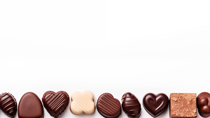 Various delicious chocolates isolated on white background with copy space. Generative AI