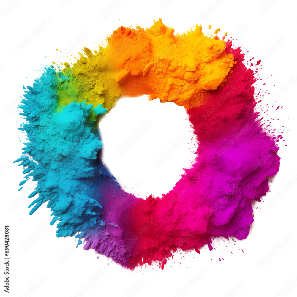 Poster abstract holi round frame made with colorful powder or dust isolated on transparent background. gene