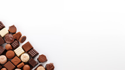 Fototapeta premium Various delicious chocolates isolated on white background with copy space. Generative AI