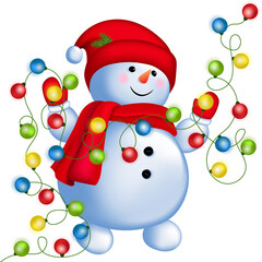 Pretty snowman holds shining garlands isolated on transparent background. PNG