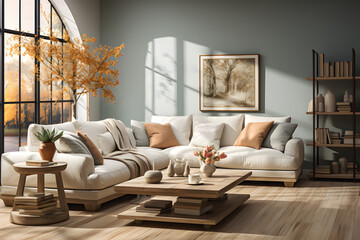 Fototapeta na wymiar Sofa design for the living room in shades of white and cream. Wooden living room table. ai generated