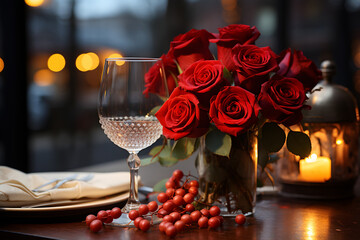 Romantic table with red roses, wine and napkin on a wooden table. valentine's day concept. ai generated