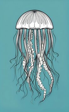 there is a drawing of a jellyfish with long tentacles.