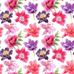 Watercolor illustration of seamless pattern with peony and tulip flowers.