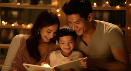parents reading book to children, young family with two small children snuggled up together in their bedroom