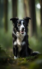 there is a black and white dog sitting in the woods.