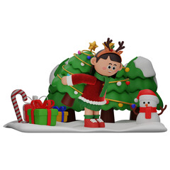 3d girl cartoon christmas Bring A Christmas Tree pose isolated on transparent background