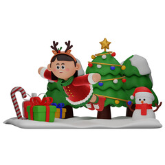 3d girl cartoon christmas Flying pose isolated on transparent background