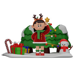 3d girl cartoon christmas Forget pose isolated on transparent background