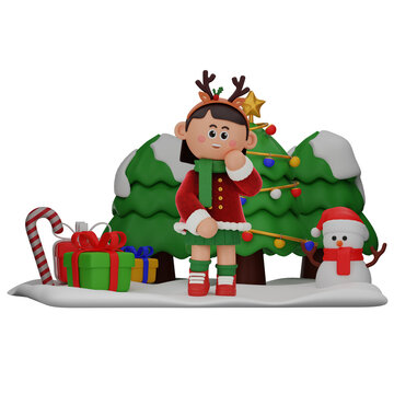 3d girl cartoon christmas Cute pose isolated on transparent background