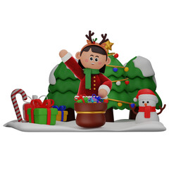 3d girl cartoon christmas Having Bag of Gifts pose isolated on transparent background