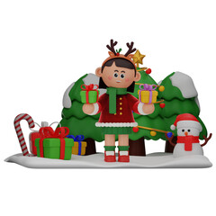3d girl cartoon christmas Holding 2 Gifts pose isolated on transparent background