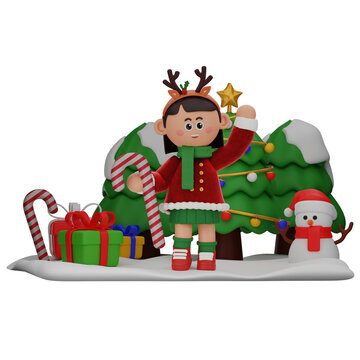 3d girl cartoon christmas Holding Candy Cane pose isolated on transparent background