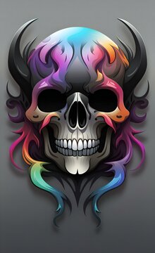 a close up of a skull with colorful hair and a horned head.