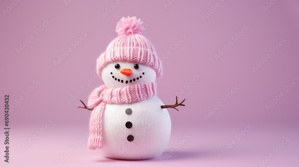 Wall mural Cute knitted snowman in a hat and scarf on an isolated pink background with copyspace. Header for a website.