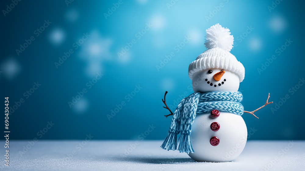 Sticker cute knitted snowman in a hat and scarf on an isolated blue background with copyspace. header for a 