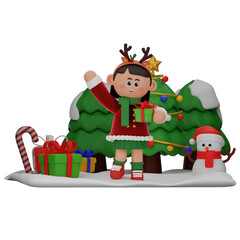 3d girl cartoon christmas Holding Gift pose isolated on transparent background