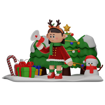 3d girl cartoon christmas Holding Megaphone pose isolated on transparent background