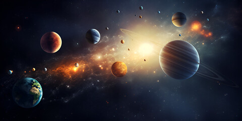 earth and moon, Panoramic view of space with planets Solar system, Celestial 3D Cosmic Phenomena,  Space Planets Are Out In The Space Background, Satellite orbiting dark sphere in glowing nebula, 

