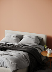  Bedroom in pastel tone peach fuzz color trend 2024 year panton wall empty background for art. Modern premium elegant room interior home or hotel design. Apricot crush stylish accents.3d render 