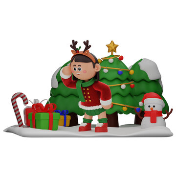 3d girl cartoon christmas Looking pose isolated on transparent background