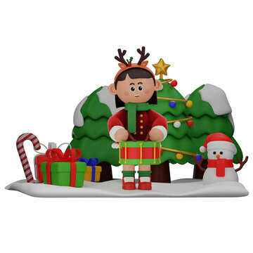 3d girl cartoon christmas Playing Drum pose isolated on transparent background