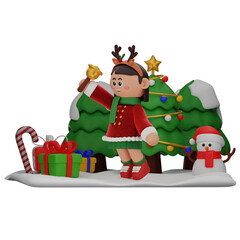 3d girl cartoon christmas Ringing A Bell Happily pose isolated on transparent background