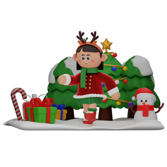 3d girl cartoon christmas Running pose isolated on transparent background